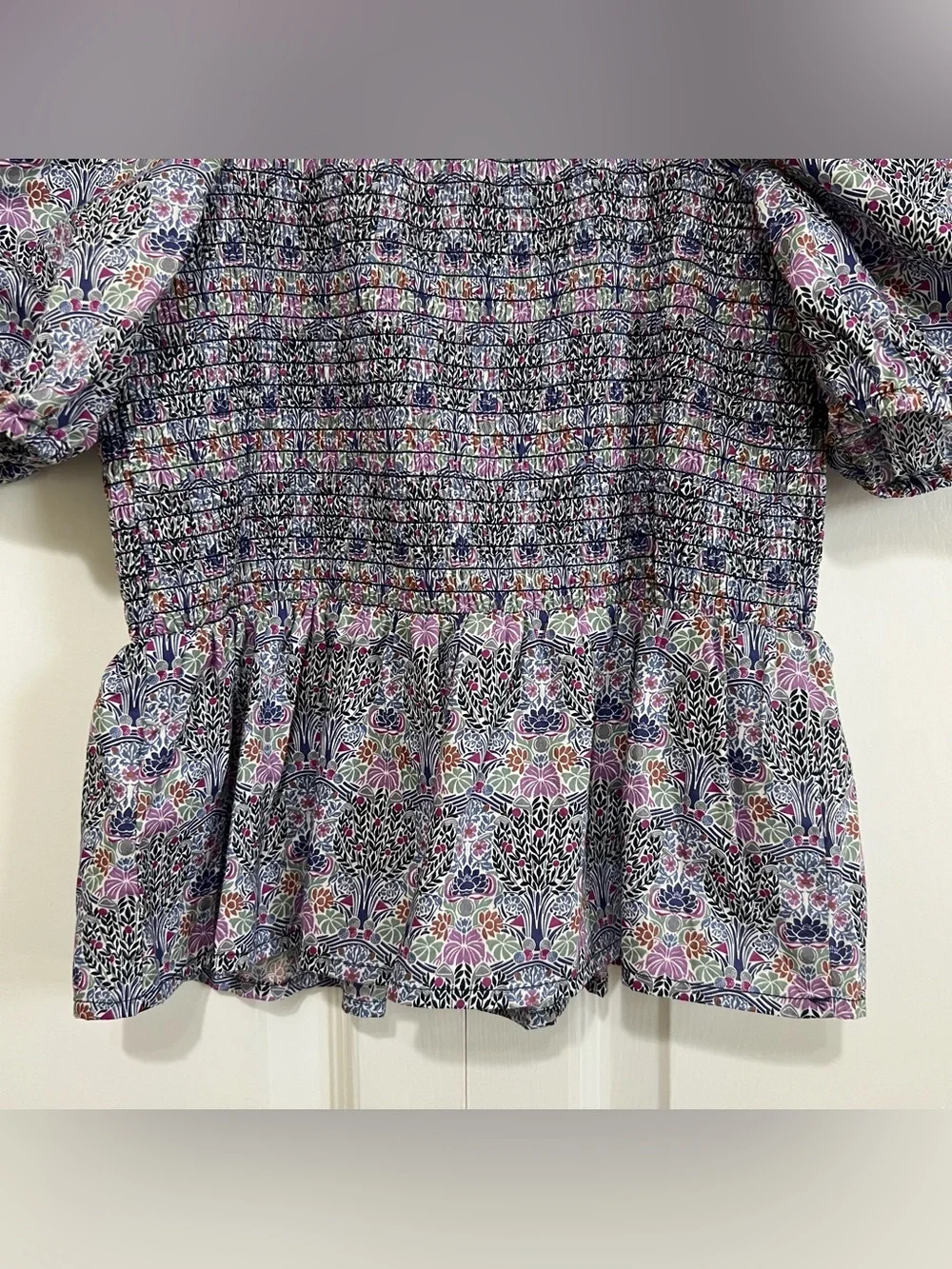 J. Crew Liberty Fabric Smocked Square Neck Puff Sleeve Floral Peplum Top Large